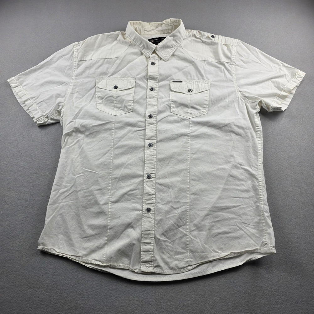 Marc‎ Ecko Cut & Sew Mens XXL Cream Short Sleeve Button Up Shirt Epaulets Cotton